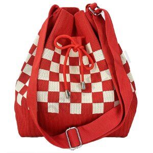 Knit Bucket Bag Crochet Geometric Pattern Drawstring Shoulder Crossbody Purse